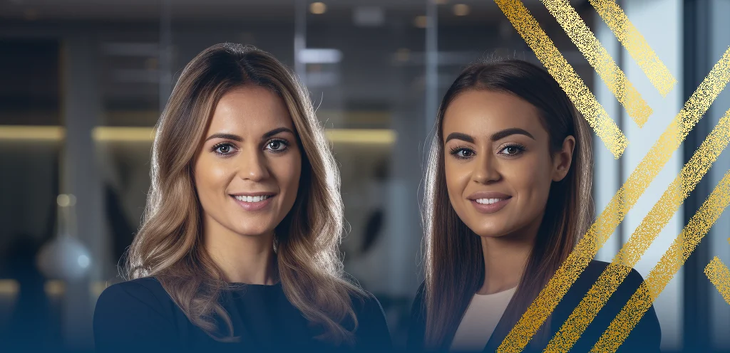A photo of two Family Law Solicitors at Axis Solicitors explaining how clients can make a successful spouse visa applications for the UK in 2023. The photo contains Axis Solicitors golden x shaped branding that makes them different from regular immigration lawywers.