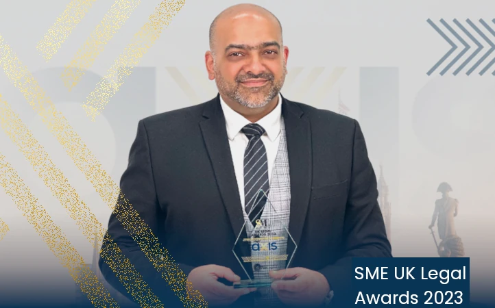 The Head of Sales at Axis Solicitors Limited accepting prize after Axis Solicitors won the SME UK Legal Awards 2023 and became one of The UK’s Top-Rated Immigration Law Firms.