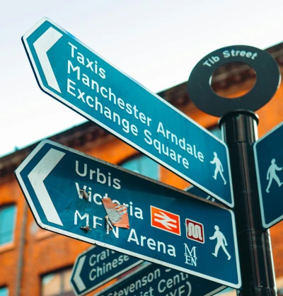 Photo of a Manchester street sign, close to the 曼彻斯特 Manchester Immigration Law Firm Axis Solciitors.