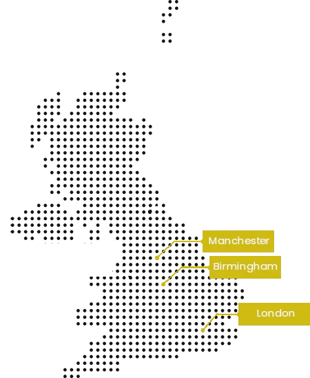 A map over the offices for Axis Solicitors Limited, with the Manchester office, Birmingham office and London office marked on a map of the UK.