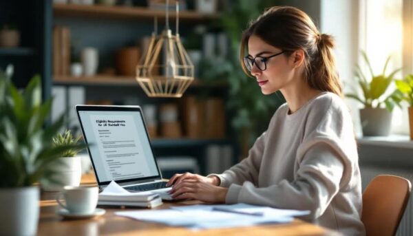 UK Standard Visitor Visa in 2025: Key Rules & How to Apply A remote worker sits at a desk, intently reading through documents about the eligibility requirements for the UK standard visitor visa. The scene includes a laptop, various papers, and a cup of coffee, emphasizing the importance of understanding the visa application process and necessary documentation for visiting the UK.