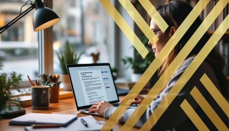 The image depicts a focused remote worker studying various resources about the UK Standard Visitor Visa, surrounded by notes and a laptop displaying the online application form. The workspace is organized, reflecting the careful preparation needed for the visa application process, including eligibility requirements and required documents for visiting the UK.