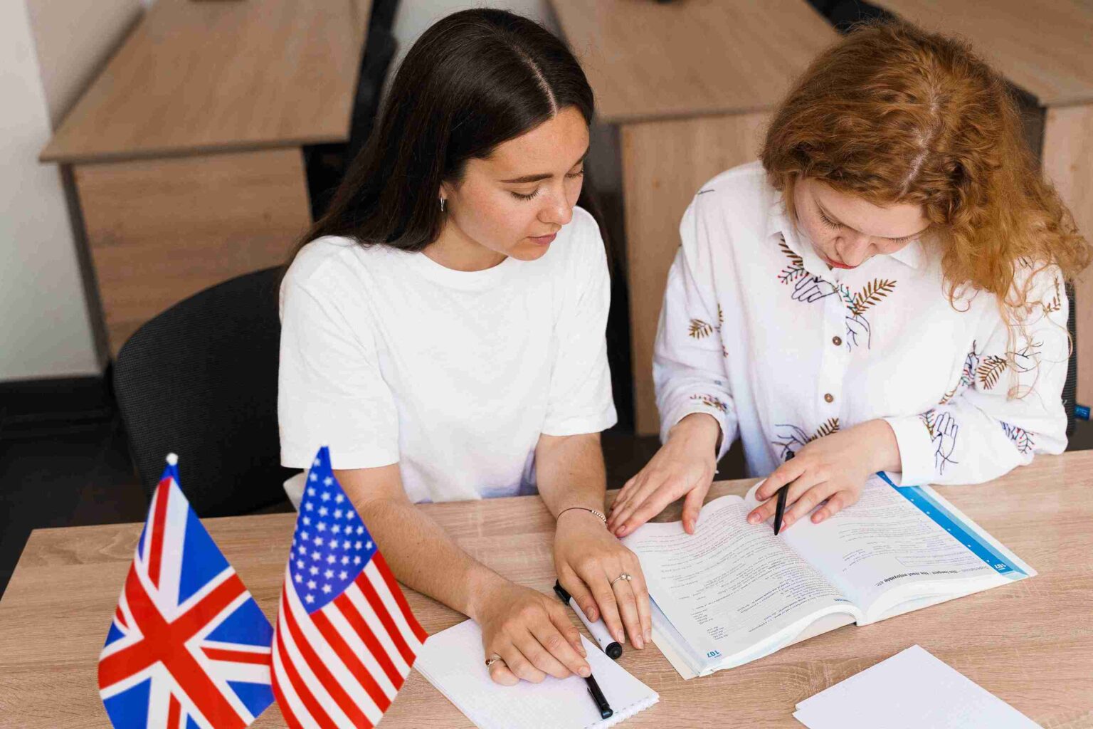 Two Young female students are learning English.