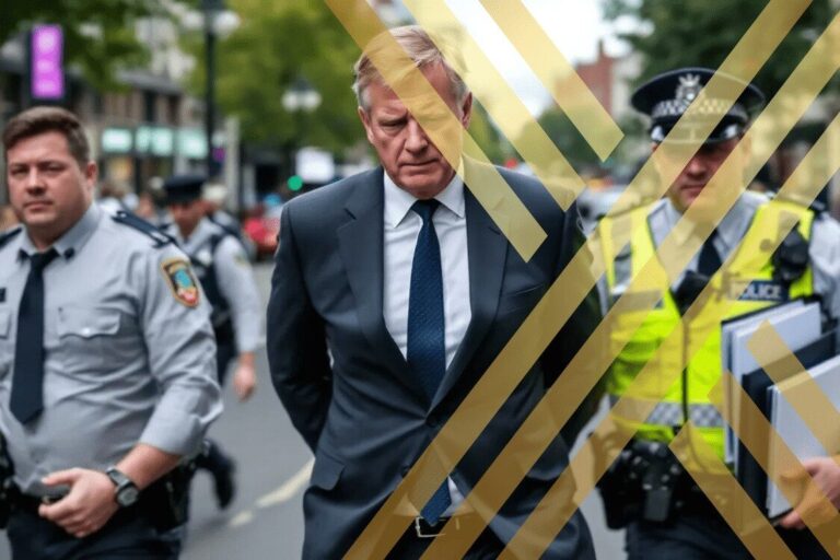 a person being arrested in the UK for tax evasion, surrounded by law enforcement officers. The scene illustrates the seriousness of tax fraud. This image explains Can You go to jail for not paying taxes uk