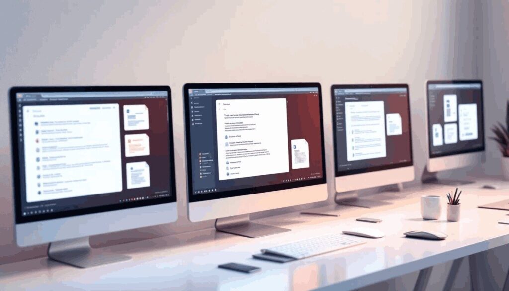 The image shows multiple computer screens displaying organized digital documents and files related to employment tribunal proceedings, including practical law guides, relevant documents, and checklists for compliance with tribunal rules. Each screen highlights the importance of proper disclosure and documentation in legal processes.