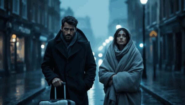 The image depicts 2-3 migrants in a tense situation.