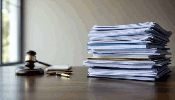 A neatly organized stack of legal documents and files is displayed on a desk, representing important materials related to employment tribunal proceedings, including relevant documents, practice directions, and guidance for compliance with tribunal rules. The arrangement suggests a systematic approach to dealing with legal processes and evidence in employment cases.