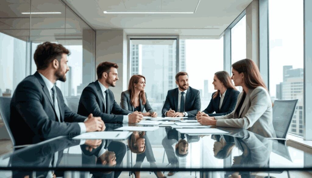 In a modern meeting room, a group of business professionals are engaged in a discussion focused on legal documents related to employment tribunal proceedings. They are reviewing relevant documents and guidance to ensure compliance with the tribunal's rules and procedures.