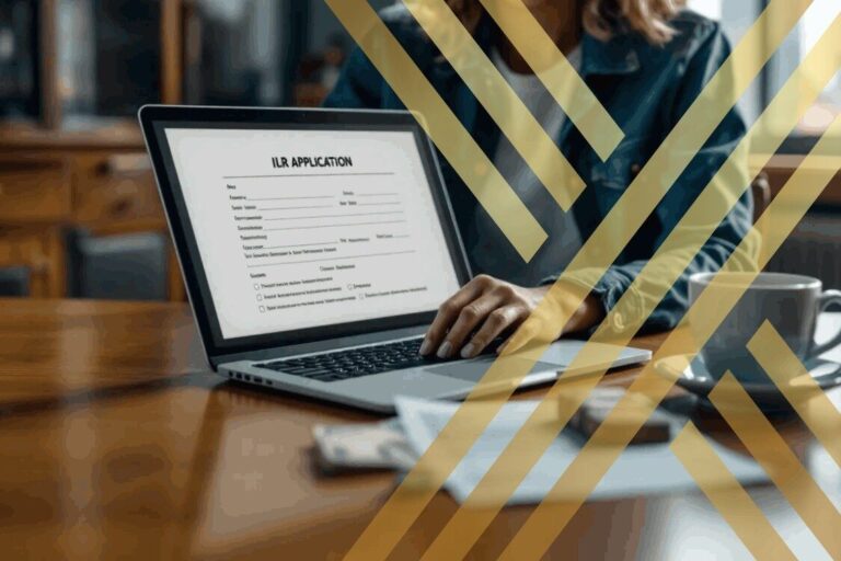 ILR Application Fee: A Complete Guide for 2025 A casually dressed individual is seated at a lawyer's chamber, focused on writing an ILR application.