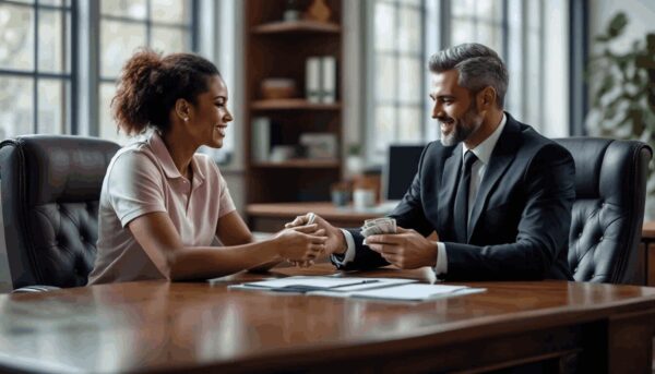 The image depicts a lawyer in a black suit sitting at a desk in his chamber, handing a refund to a client.