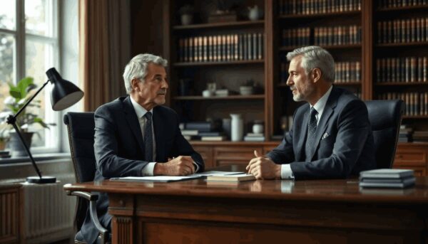 A solicitor is consulting with a casually dressed client in a chamber.
