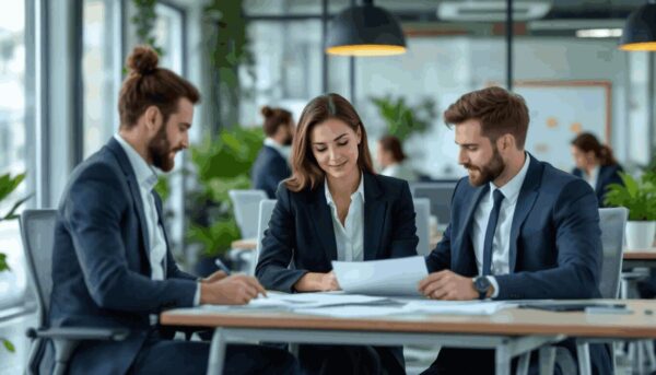 In a modern office setting, legal professionals are engaged in reviewing relevant documents related to employment tribunal proceedings, ensuring compliance with practice directions and disclosure rules. The atmosphere is focused and productive as they analyze standard documents to prepare for upcoming tribunal cases.
