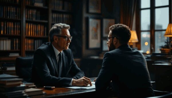 A lawyer sits in his office, attentively explaining the new ILR rules to a migrant,