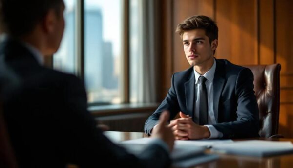 Who Qualifies for UK Support? Gaza Scholarship Criteria Explained The image depicts a student engaged in a conversation with a lawyer inside a law chamber, discussing the application process for the Gaza Scholarship, which offers a full tuition fee waiver for eligible Palestinian students pursuing a postgraduate degree