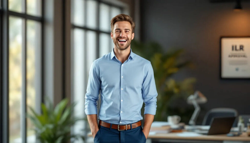 joyful person celebrating his recent transition from a skilled worker visa to indefinite leave to remain (ILR) in the UK. 
