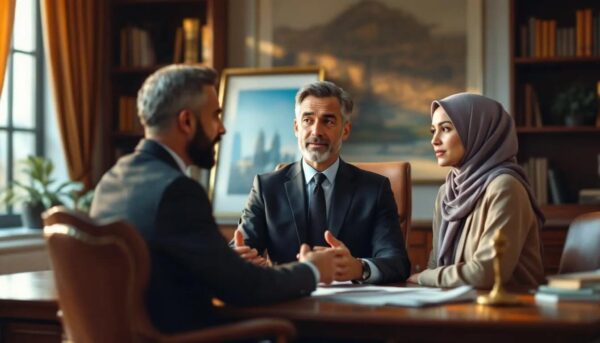 High Potential Individual Route Expanded and Capped: What It Means for Future Applicants A lawyer sits in a well-furnished chamber, attentively guiding an immigrant through the complexities of the UK immigration system, discussing challenges related to student visas, graduate routes, and the necessary immigration skills for staying in the UK.