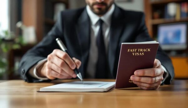Faster UK Visas for Gaza Scholars and Medical Evacuees The image depicts a lawyer at a desk, stamping a British visa labeled "Fast Track Visa," symbolizing the process for eligible students from Gaza to study at UK universities. The scene emphasizes the importance of UK visas and support for international students amid the ongoing humanitarian crisis.