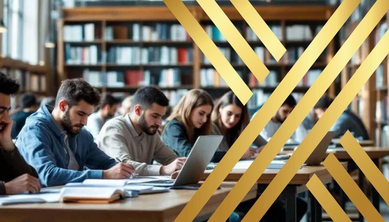 The image depicts a group of Arab students in the UK, engaged in discussions about their postgraduate studies, with a focus on the UK’s Gaza Scholarship and Humanitarian Support Scheme. They are gathered in a university setting, highlighting the opportunity for Palestinian students to apply for a full tuition fee waiver and support for living costs amidst the ongoing humanitarian crisis