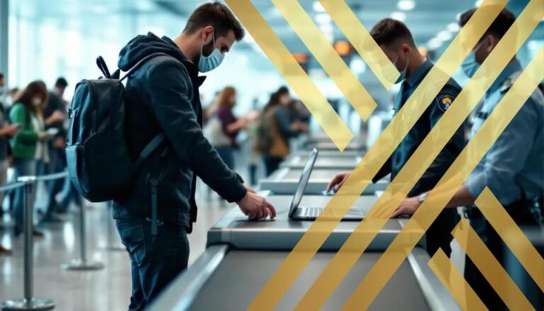 Two-Stage Security Checks Now Mandatory for UK Entry The image depicts an airport security checkpoint where travelers are undergoing a two-stage security check process, with individuals placing their belongings on a conveyor belt and passing through a metal detector. The scene emphasizes the importance of security measures, similar to multi-factor authentication, ensuring safe access for all passengers.