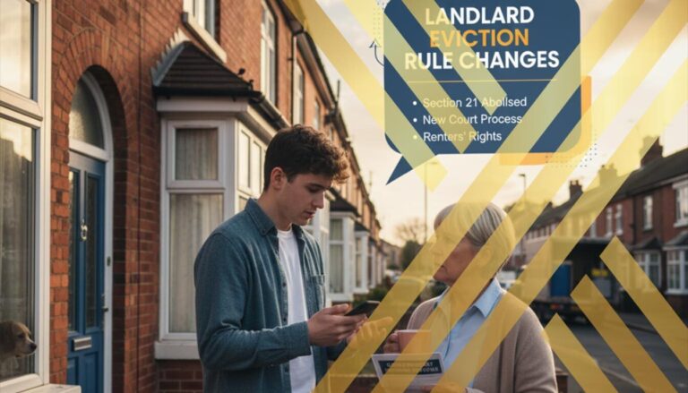 Landlord Eviction Rules Changes 2025: Stay Up-to-Date A young male tenant shows his phone to an older female homeowner, who holds a mug and a newspaper with the headline "LANDLORD EVICTION RULE CHANGES," as they discuss the new regulations
