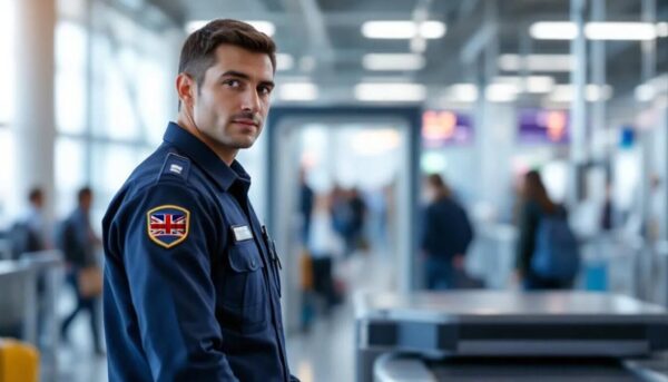 Two-Stage Security Checks Now Mandatory for UK Entry The image depicts security personnel at an airport, attentively monitoring passengers during the two-stage security checks process.