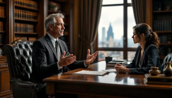 Lost Your Documents? UKVI Now Accepts Digital Copies A lawyer is seated in their office chamber, attentively guiding a person through the process of obtaining replacement documents for lost items, such as passports and birth certificates.