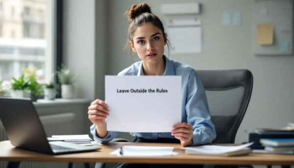 The image depicts a determined individual seated at a desk, filling out a form for a Leave Outside the Rules, with a backdrop reminiscent of Tolkien's Middle Earth, hinting at the struggles faced during the Third Age.