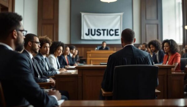 The image depicts a jury in a courtroom setting, engaged in a serious discussion about legal foundations and home office policy.
