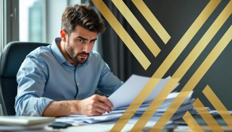 Lost Your Documents? UKVI Now Accepts Digital Copies A concerned individual is depicted searching through a stack of papers and files, visibly anxious about his lost visa application. He is surrounded by important documents like a passport and birth certificate, highlighting the urgency of replacing documents and obtaining an emergency travel document from the nearest British embassy.