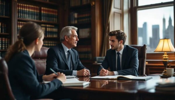 A lawyer in his office, providing guidance to a student on the "Raised English Language Requirement" for studying in the UK, discussing acceptable English language tests like IELTS and TOEFL, and emphasizing the importance of English language proficiency for international students applying for a student visa. 