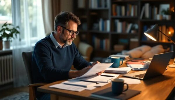 A person is sitting comfortably in their home, focused on reading important documents related to their immigration status, possibly concerning their EU Settlement Scheme application.