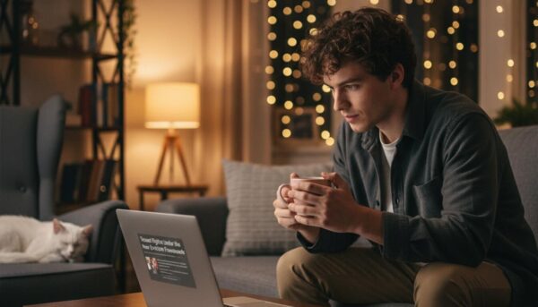 a young man with curly hair sits on a sofa, holding a mug and intently reading on his laptop. The screen displays "Tenant Rights Under the New Eviction Framework," as a white cat peacefully sleeps on a nearby armchair, creating a serene and focused atmosphere