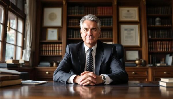 Two-Stage Security Checks Now Mandatory for UK Entry The image shows a confident solicitor sitting in his chamber, surrounded by legal books and documents, exuding professionalism and authority.