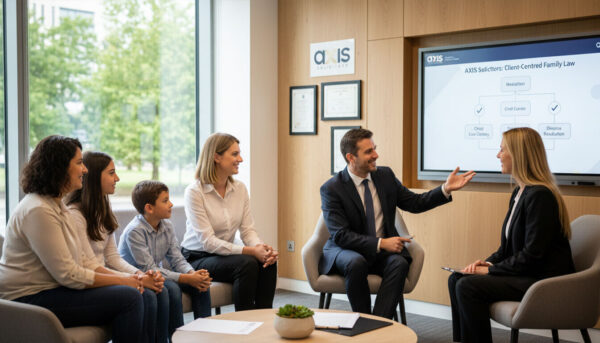 AXIS Solicitors Ranked Among Best Family Law Experts in Manchester A family including two children sits with a female solicitor. A male solicitor in a suit gestures towards a large screen displaying a flowchart titled "AXIS Solicitors: Client-Centred Family Law.