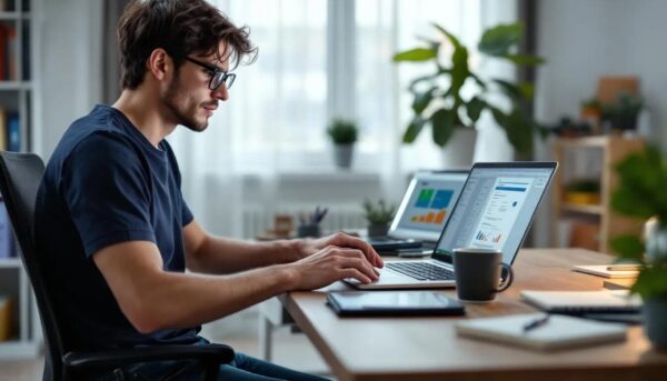 Lost Your Documents? UKVI Now Accepts Digital Copies A person is seated at a desk, focused on their laptop as they navigate through an online service to manage their important documents, possibly related to lost passports or applying for a replacement document.