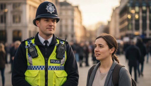 How UK Agencies Coordinate Gaza Exit and Visa Support the image depicts UK police officers providing security to a vulnerable individual from Gaza, emphasizing the support offered to foreign nationals seeking to exit Gaza under current rules.