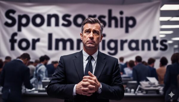 Immigration Costs Rise: What Sponsors Should Expect The image depicts a concerned sponsor reviewing documents related to rising immigration costs, including visa fees and the immigration health surcharge, which are impacting their ability to support skilled workers. The scene highlights the challenges faced by employers navigating the complexities of the UK's immigration system amidst increasing administrative costs.