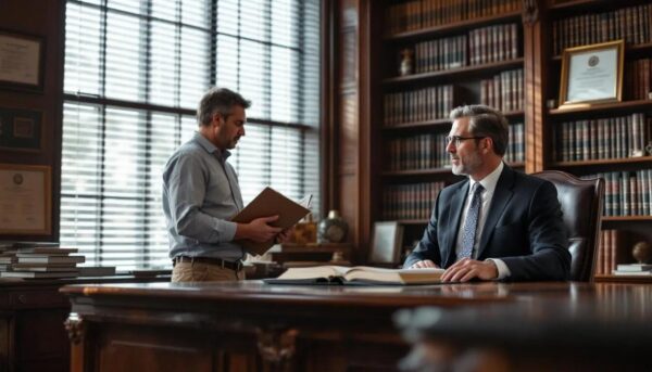 Renters’ Rights Bill Becomes Law: What Landlords Need to Know The image shows a lawyer seated in a well-furnished chamber, advising private landlords on compliance with the renters rights bill, focusing on tenancy agreements and the implications of rent arrears.