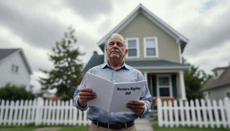A landlord stands outside his house, intently reading a document about the Renters Rights Bill, which aims to enhance protections for private renters and regulate the private rented sector.