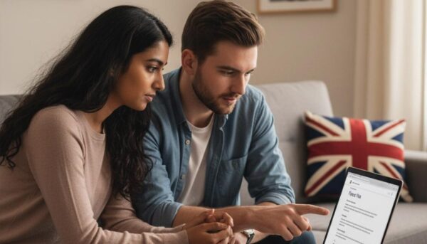 Fiancé Visa Requirements – Understanding the Process for UK Entry A diverse couple, a man and a woman, are seated on a sofa in a modern living room, intently looking at a laptop screen which displays information about the "Fiance Visa Requirements" The man points to the screen, while the woman listens attentively.