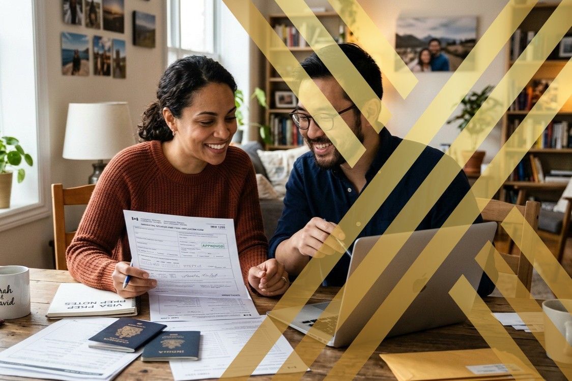 A couple sitting together at a table, looking at visa application documents and a laptop, trying to figure out fiance visa processing time.