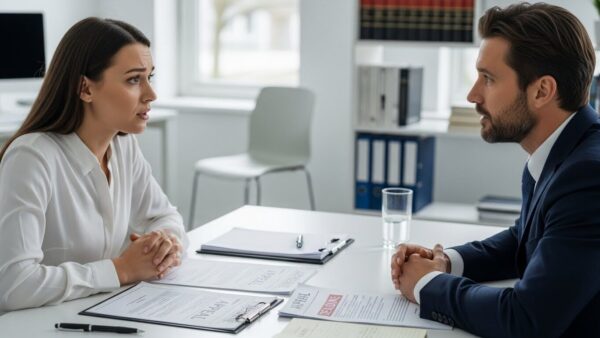 Concerned individual speaking to a legal adviser about a missed immigration appeal deadline with appeal documents on table.