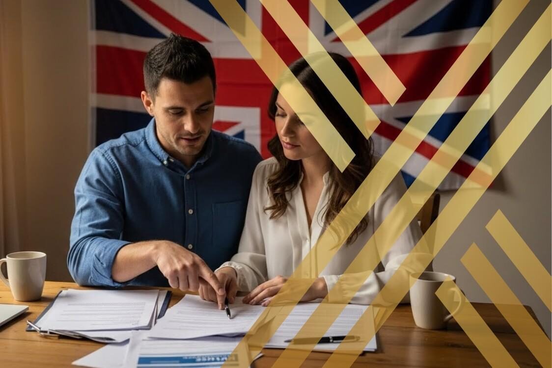 A couple reviewing UK spouse visa documents together with a UK flag in the background