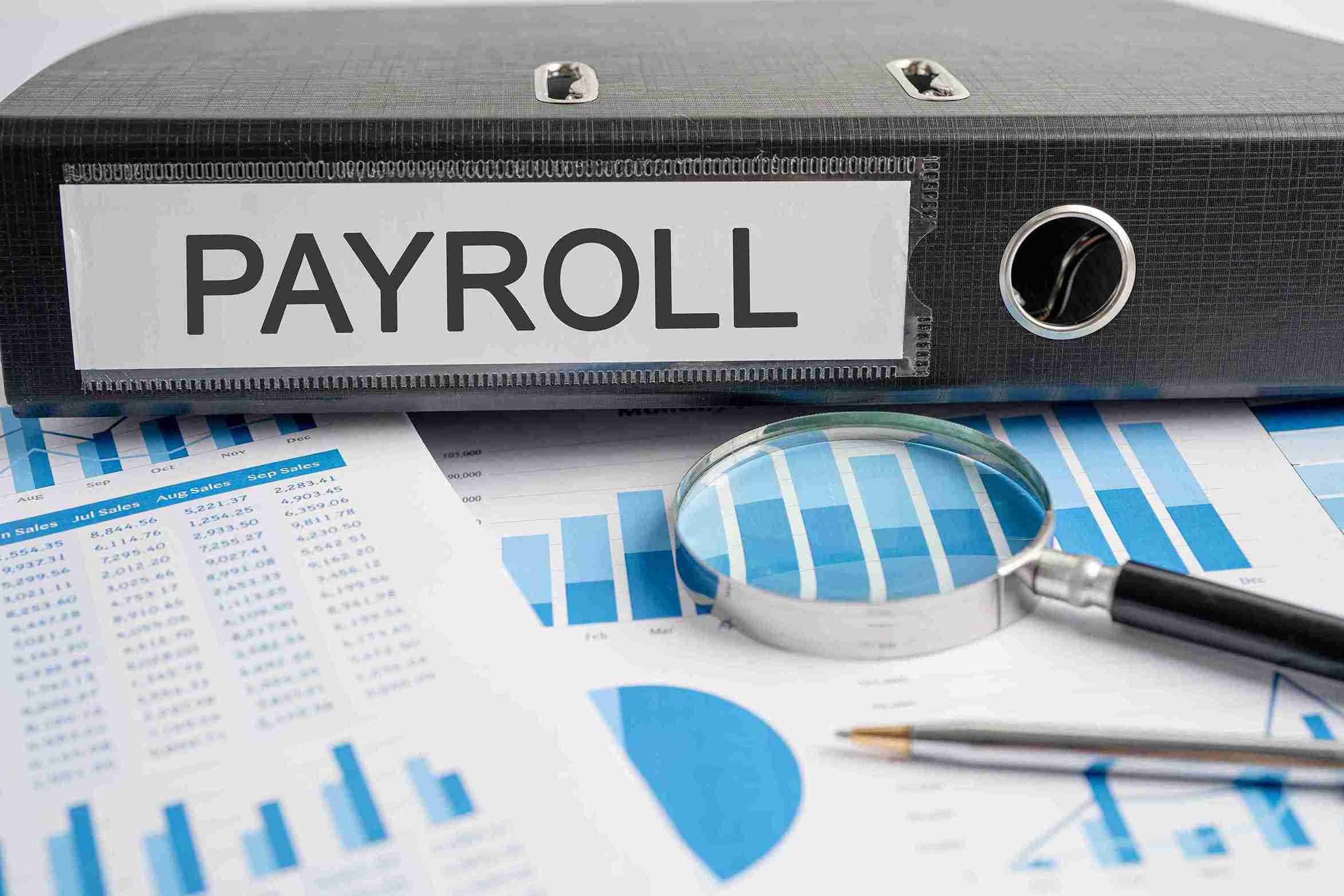 PAYROLL binder with financial graphs and magnifying glass, representing practical legal solutions and representation for payroll disputes.