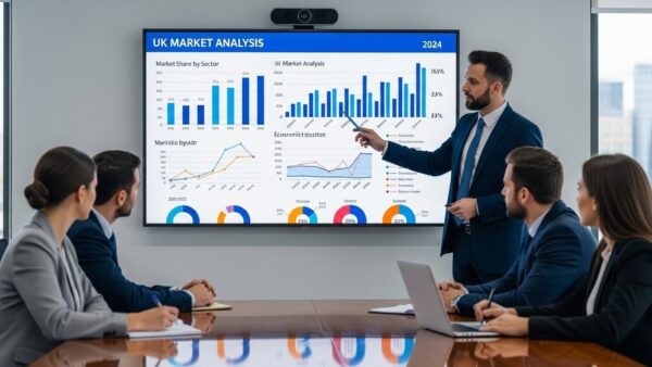 UK market analysis charts and data on a computer screen and a business representative explaining it in a meeting. 