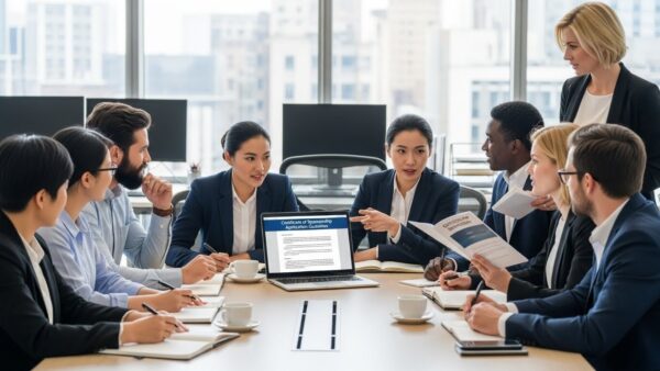 Certificate of Sponsorship (CoS) UK: Guidance for Employers A modern office environment where a diverse group of professionals, including foreign nationals, are collaborating around a meeting table engaged in a discussion related to certificate of sponsorship.