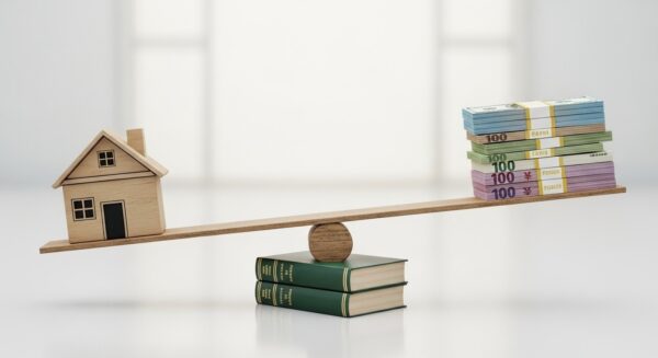 A seesaw balanced with a house on one side and money on the other, symbolising fair division of assets after divorce.