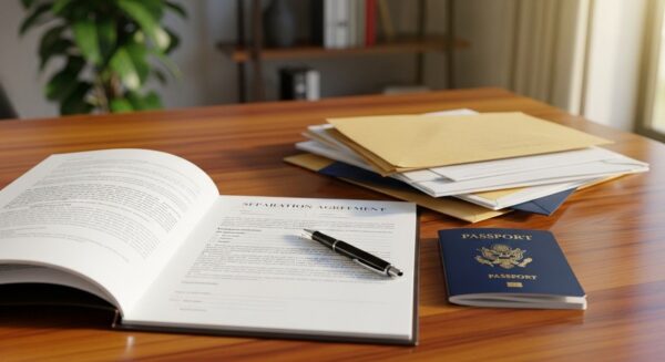 Separation agreement with passport and legal documents on desk showcasing the effect of separation agreements on immigration & other legal matters. 