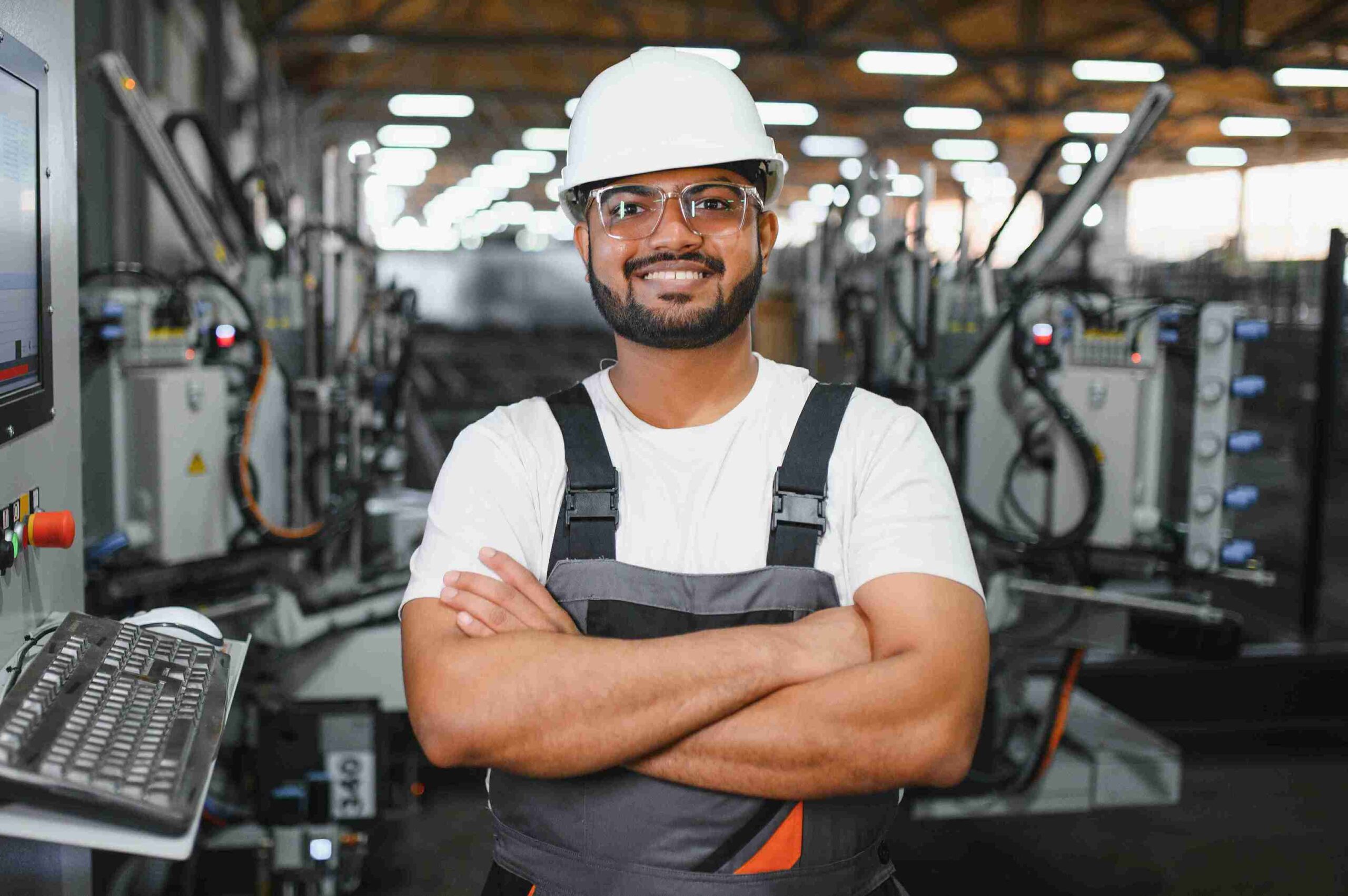 Engineer standing confidently in front of a large industrial machine, wearing safety gear and focused on the task ahead.