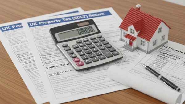 Graphic of UK property tax forms with calculator and house model for freehold property owners.